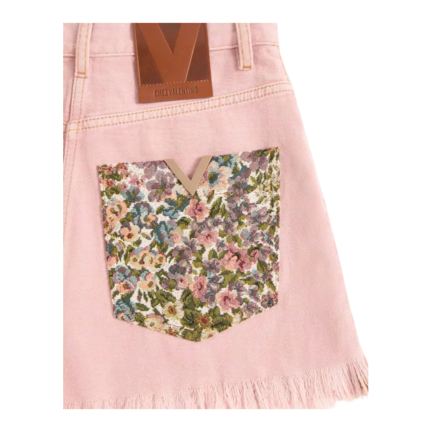 Short VALENTINO en denim coton rose ourlets effilochés poche fleurs Liberty