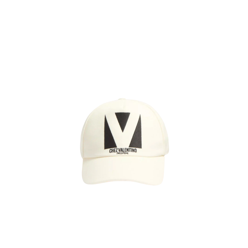 Casquette Chez Valentino  coton écru broderie V noir