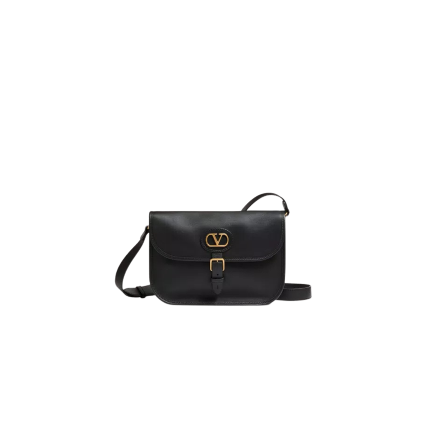 Sac porté épaule VALENTINO Antibes cuir de veau noir V logo doré bandoulière