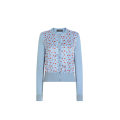 Cardigan col rond soie bleu imprimé fleurs rose rouge