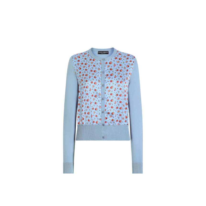 Cardigan col rond DOLCE & GABBANA soie bleu imprimé fleurs rose rouge