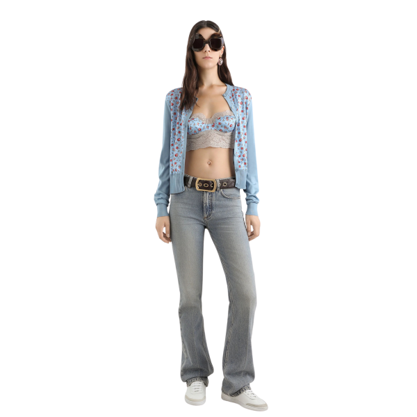 Cardigan col rond DOLCE & GABBANA soie bleu imprimé fleurs rose rouge