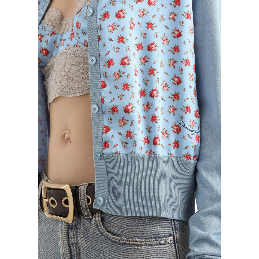 Cardigan col rond DOLCE & GABBANA soie bleu imprimé fleurs rose rouge