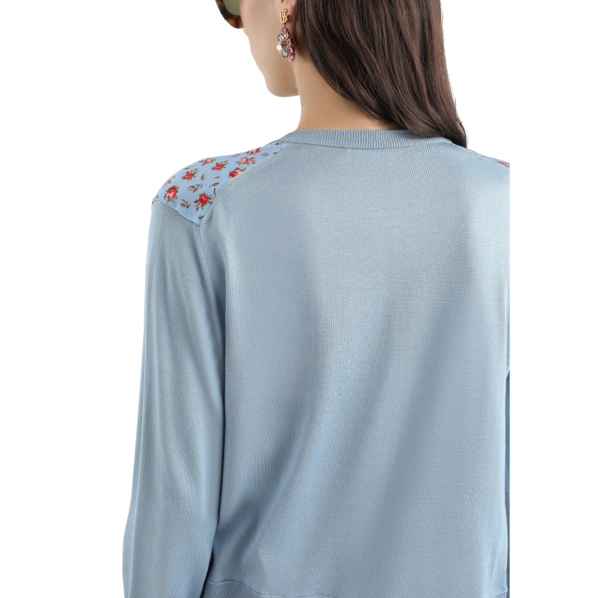 Cardigan col rond DOLCE & GABBANA soie bleu imprimé fleurs rose rouge