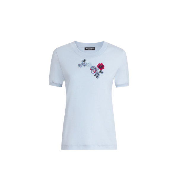 T-shirt col rond DOLCE & GABBANA manche courte jersey coton bleu ciel broderie écusson floral sequins
