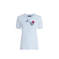 T-shirt col rond manche courte jersey coton bleu ciel broderie écusson fleurs sequins