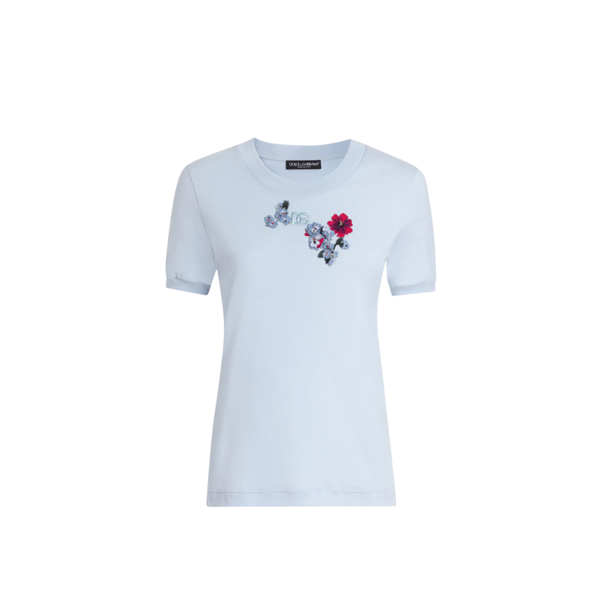 T-shirt col rond DOLCE & GABBANA manche courte jersey coton bleu ciel broderie écusson floral sequins
