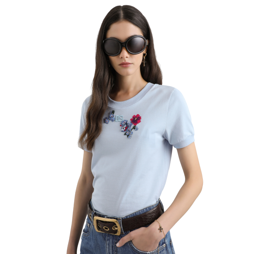 T-shirt col rond DOLCE & GABBANA manche courte jersey coton bleu ciel broderie écusson floral sequins