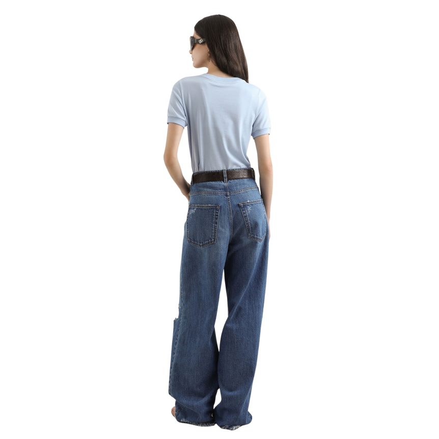 T-shirt col rond DOLCE & GABBANA manche courte jersey coton bleu ciel broderie écusson floral sequins