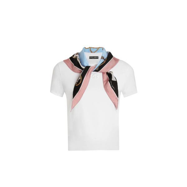 T-shirt col rond DOLCE & GABBANA coton jersey blanc col foulard imprimé à nouer