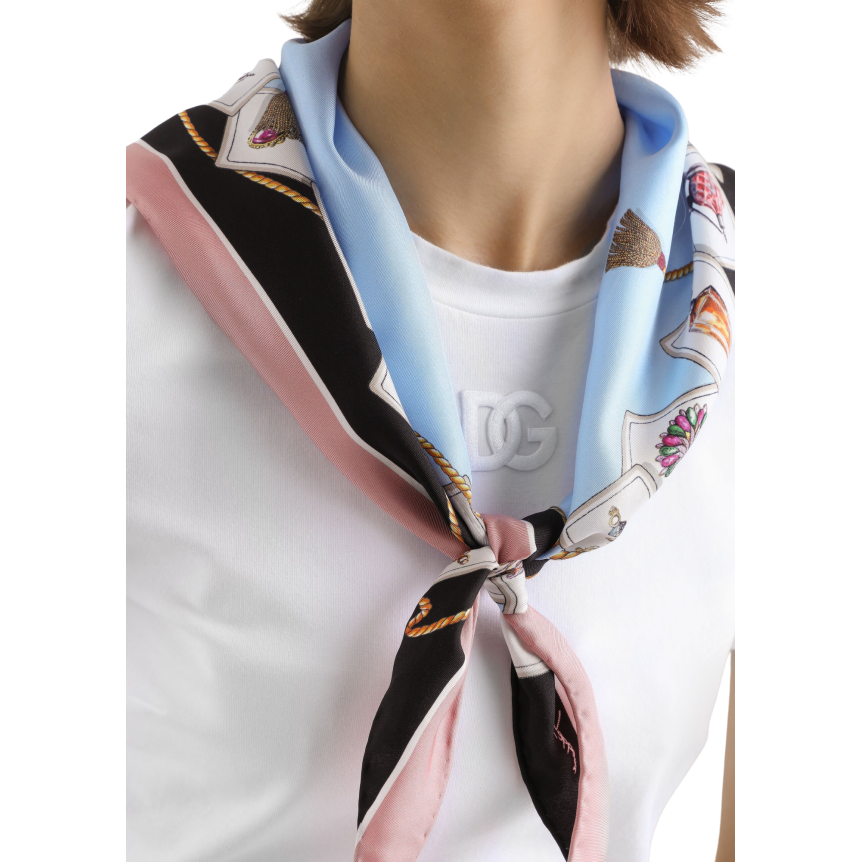 T-shirt col rond DOLCE & GABBANA coton jersey blanc col foulard imprimé à nouer