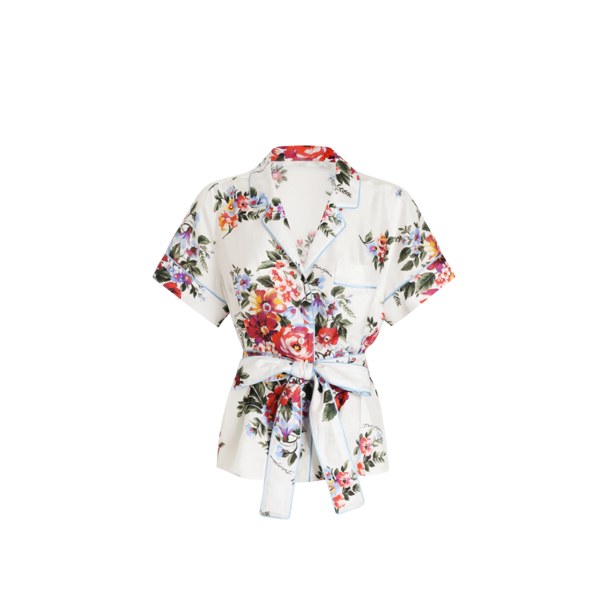 Chemise DOLCE & GABBANA Vanity manche courte twill soie imprimé bouquet de fleurs rouge ceinture