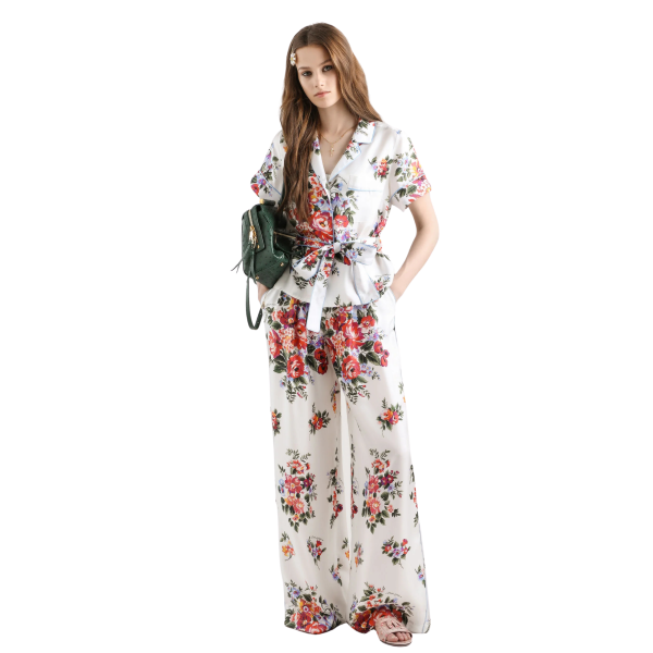 Chemise DOLCE & GABBANA Vanity manche courte twill soie imprimé bouquet de fleurs rouge ceinture