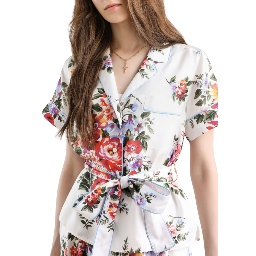 Chemise DOLCE & GABBANA Vanity manche courte twill soie imprimé bouquet de fleurs rouge ceinture