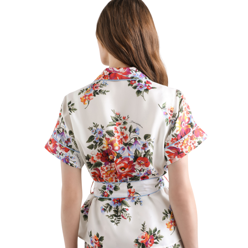 Chemise DOLCE & GABBANA Vanity manche courte twill soie imprimé bouquet de fleurs rouge ceinture
