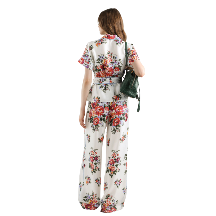 Chemise DOLCE & GABBANA Vanity manche courte twill soie imprimé bouquet de fleurs rouge ceinture