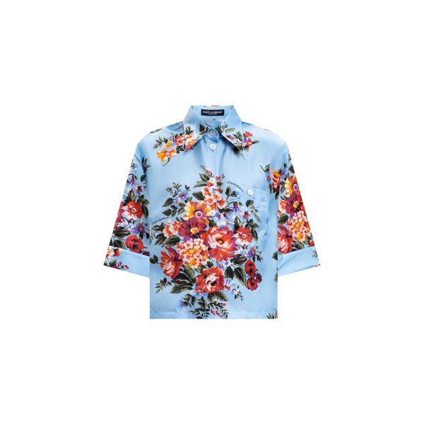 Chemise courte DOLCE & GABBANA manche courte soie bleu imprimé bouquet de fleurs