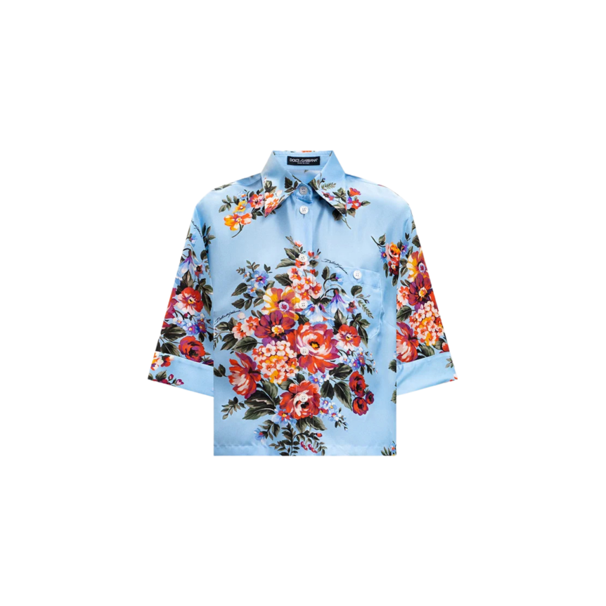 Chemise courte DOLCE & GABBANA manche courte soie bleu imprimé bouquet de fleurs