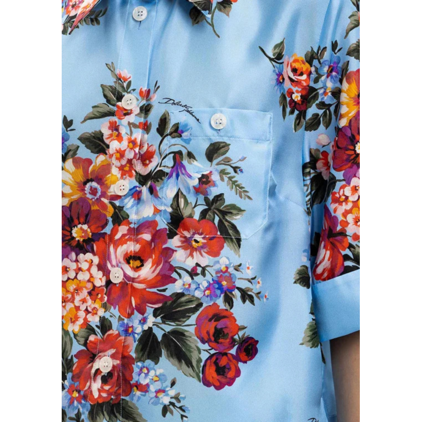 Chemise courte DOLCE & GABBANA manche courte soie bleu imprimé bouquet de fleurs