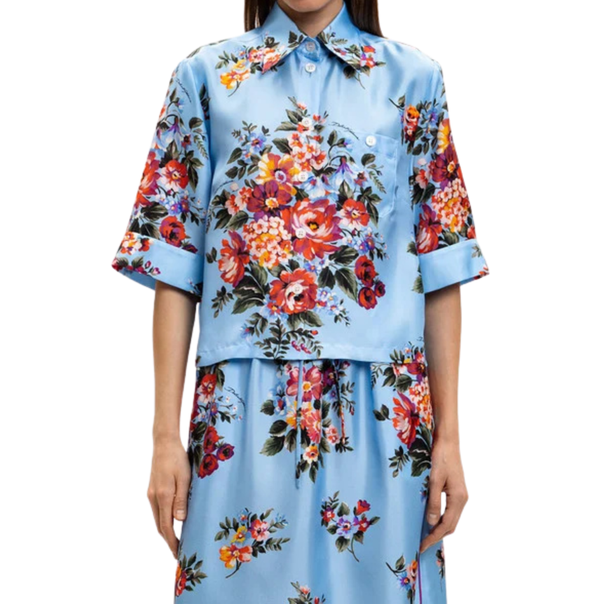 Chemise courte DOLCE & GABBANA manche courte soie bleu imprimé bouquet de fleurs