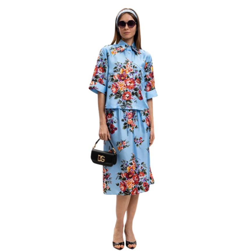 Chemise courte DOLCE & GABBANA manche courte soie bleu imprimé bouquet de fleurs