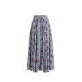 Jupe longue ample soie bleu imprimé fleur rouge