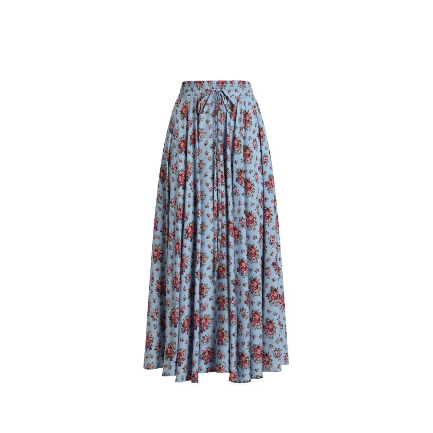 Jupe longue DOLCE & GABBANA ample soie bleu imprimé fleur rouge