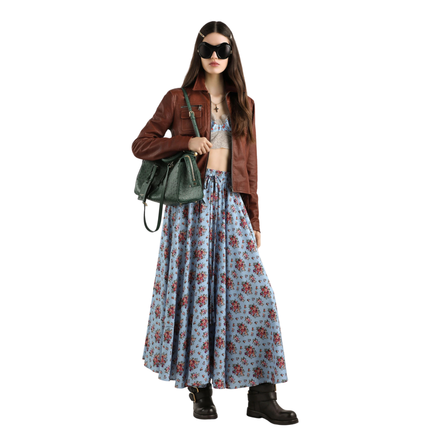 Jupe longue DOLCE & GABBANA ample soie bleu imprimé fleur rouge