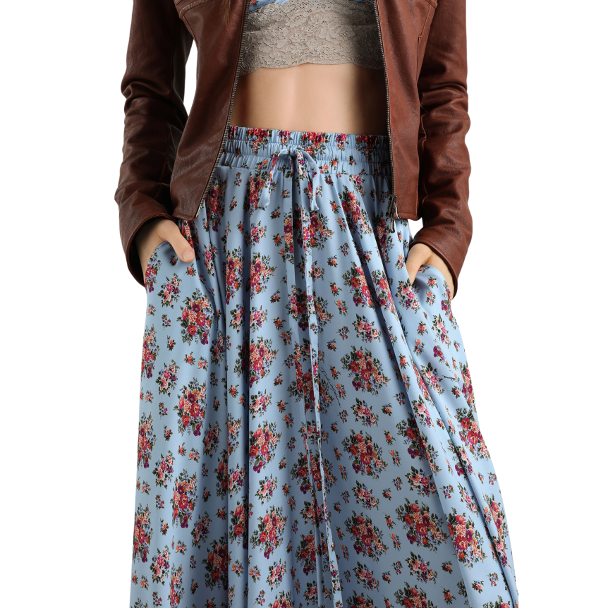 Jupe longue DOLCE & GABBANA ample soie bleu imprimé fleur rouge