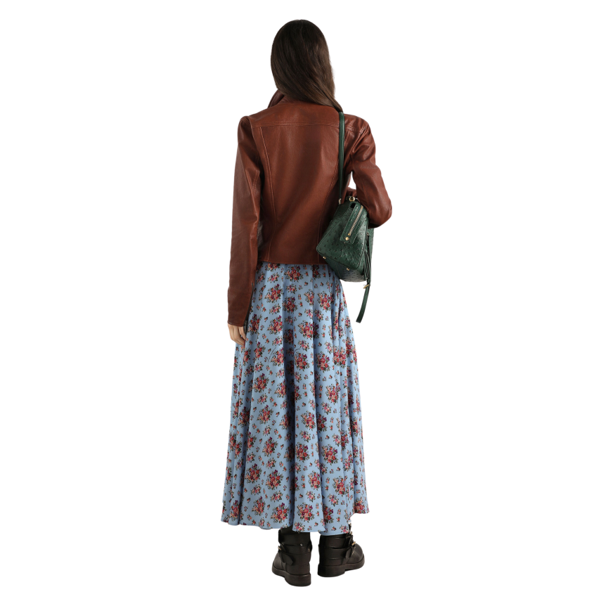 Jupe longue DOLCE & GABBANA ample soie bleu imprimé fleur rouge