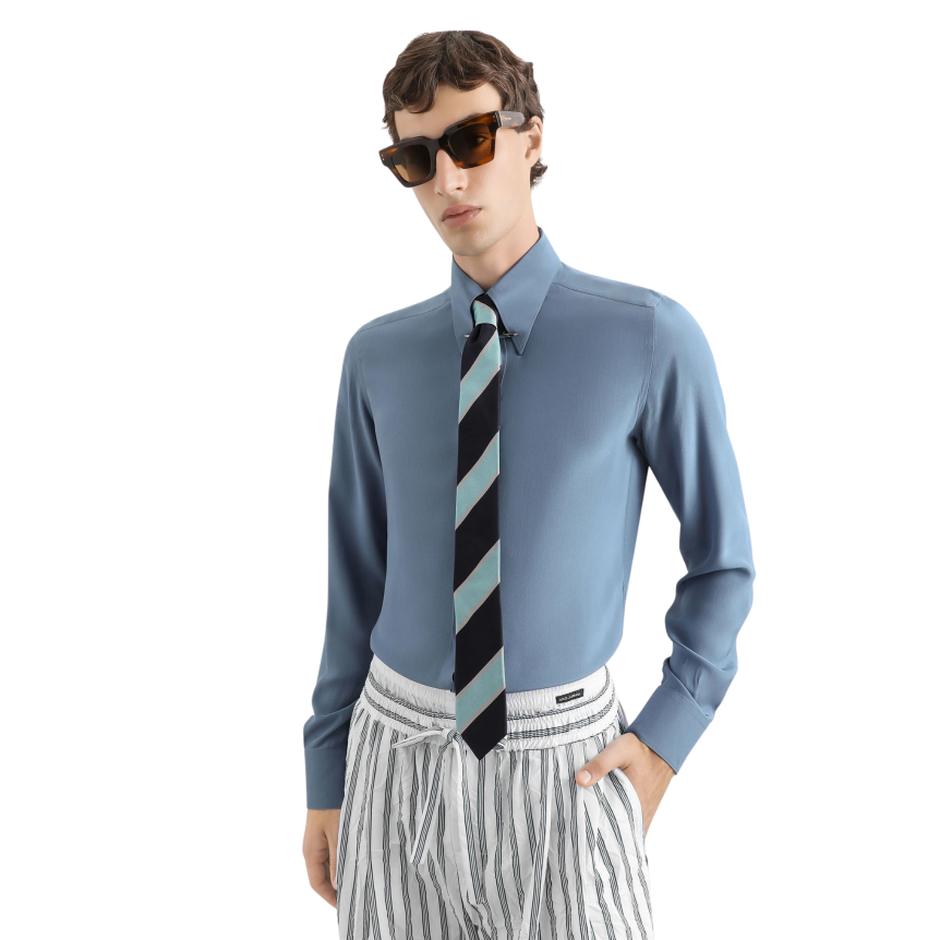 Chemise manche longue DOLCE & GABBANA soie crêpe de Chine bleu pétrole