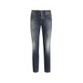 Jean slim denim coton bleu délavé accrocs plaque métal poche arrière