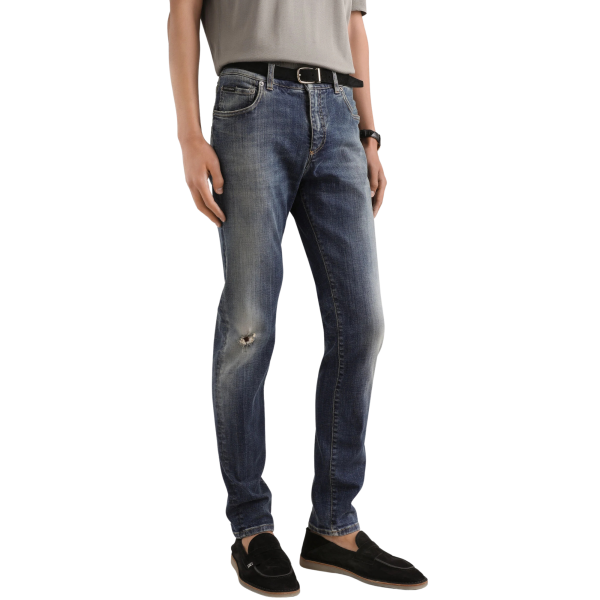 Jean slim DOLCE & GABBANA denim coton bleu délavé accrocs plaque métal poche arrière