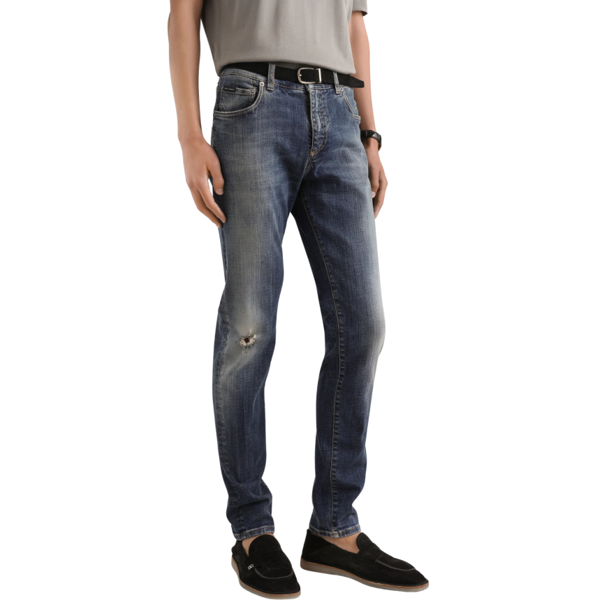 Jean slim DOLCE & GABBANA denim coton bleu délavé accrocs plaque métal poche arrière