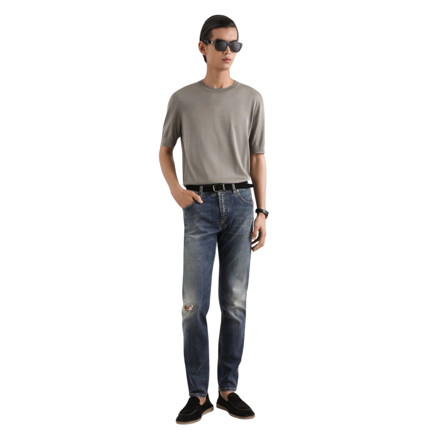 Jean slim DOLCE & GABBANA denim coton bleu délavé accrocs plaque métal poche arrière