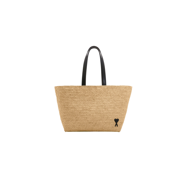 Sac Panier Cabas AMI Paris Raphia Naturel beige cœur noir
