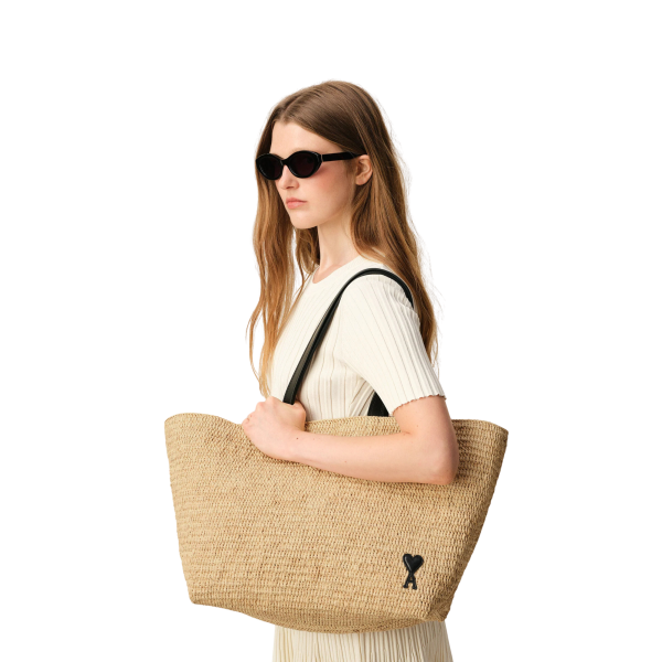 Sac Panier Cabas AMI Paris Raphia Naturel beige cœur noir