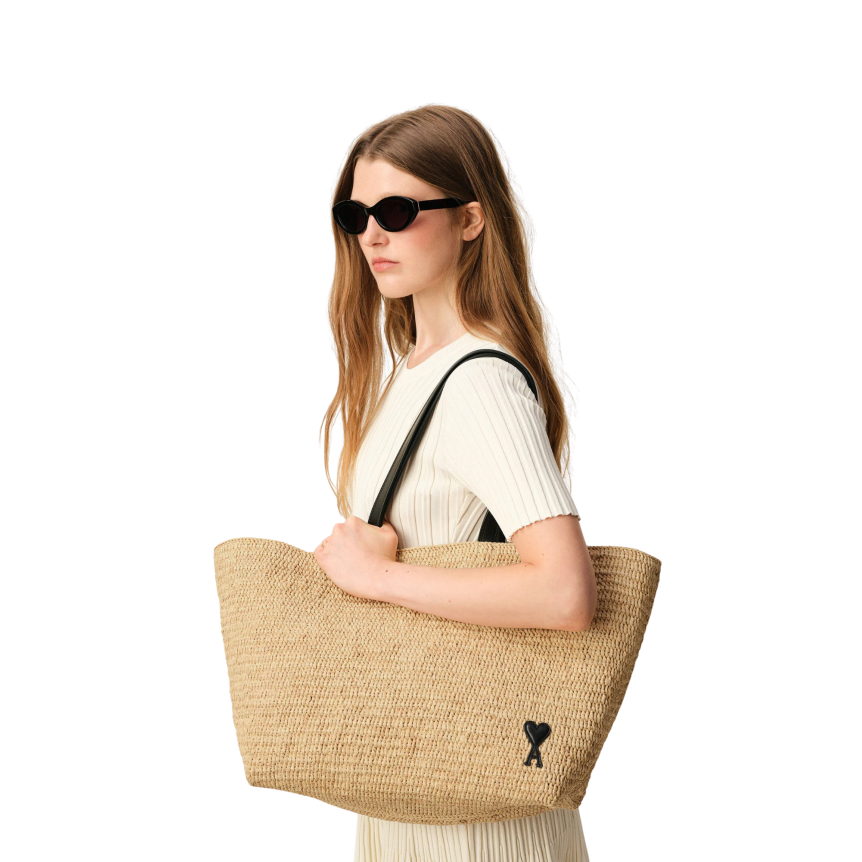 Sac Panier Cabas AMI Paris Raphia Naturel beige cœur noir