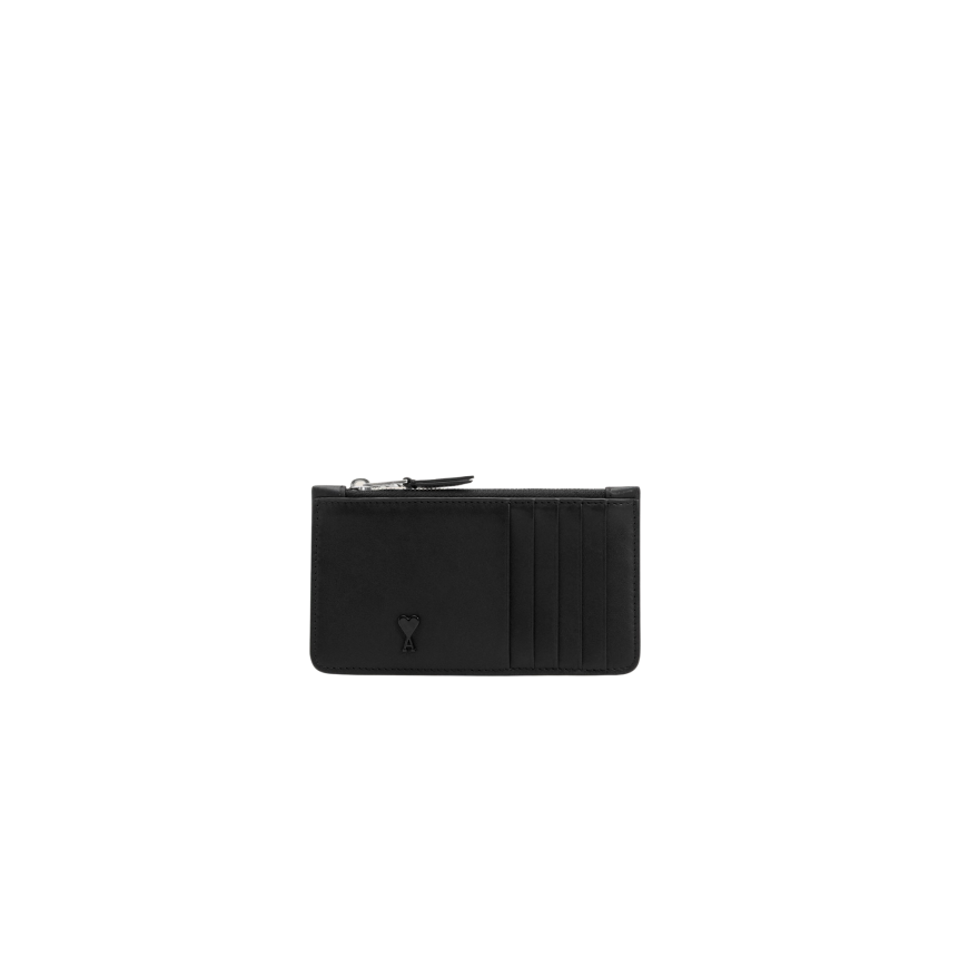 Porte-cartes zippé AMI Paris porte monnaie cuir lisse noir cœur noir