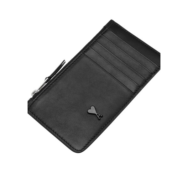 Porte-cartes zippé AMI Paris porte monnaie cuir lisse noir cœur noir