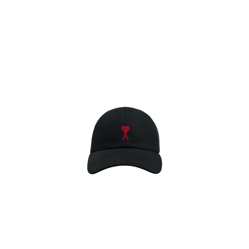 AMI Paris Casquette gabardine coton effet peau de pèche noir broderie cœur rouge