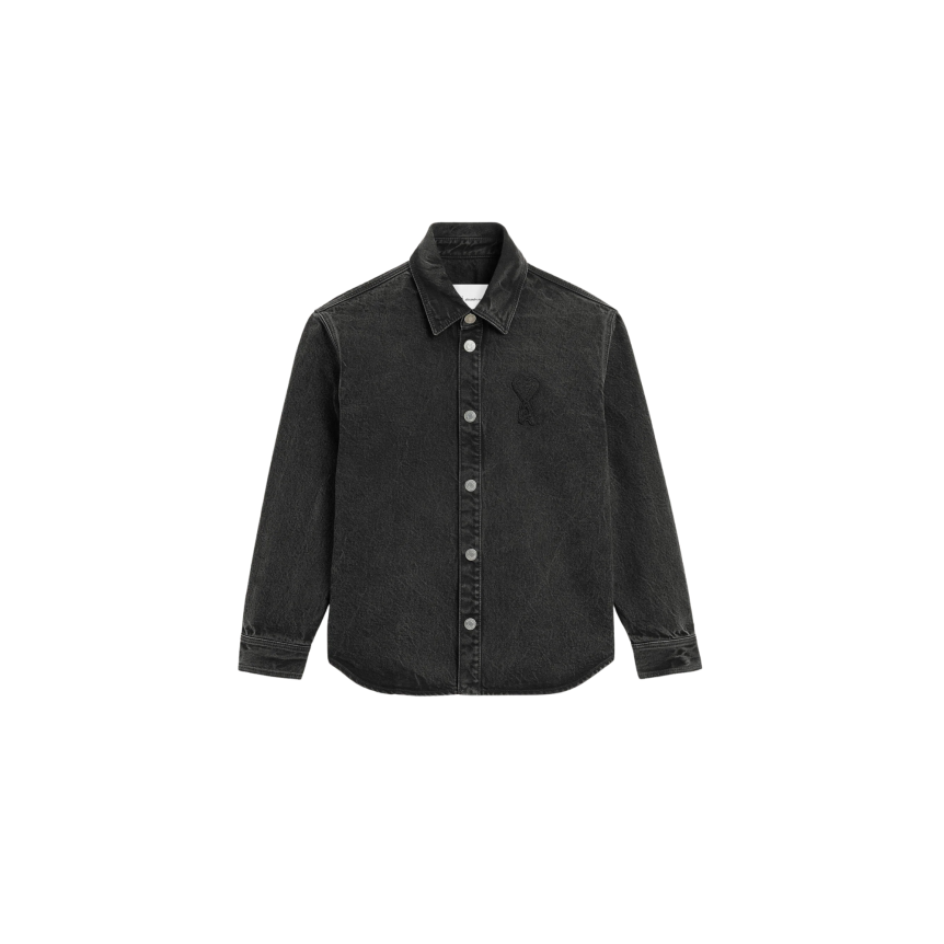 Surchemise AMI Paris coton denim noir délavé broderie crochet gros cœur