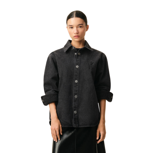 Surchemise AMI Paris coton denim noir délavé broderie crochet gros cœur