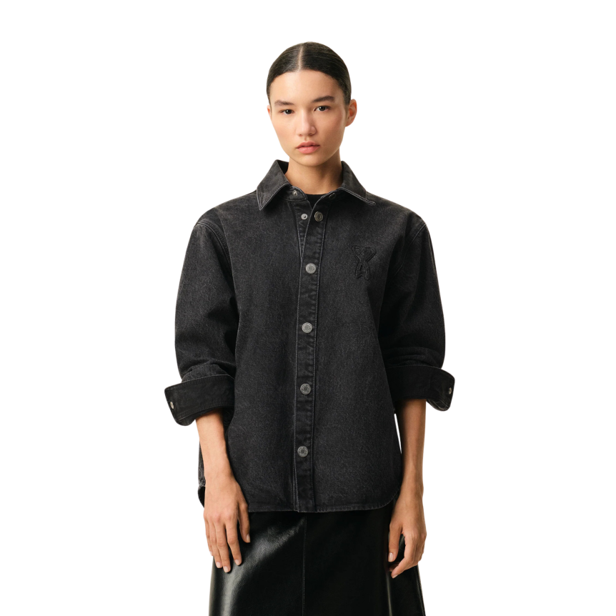 Surchemise AMI Paris coton denim noir délavé broderie crochet gros cœur