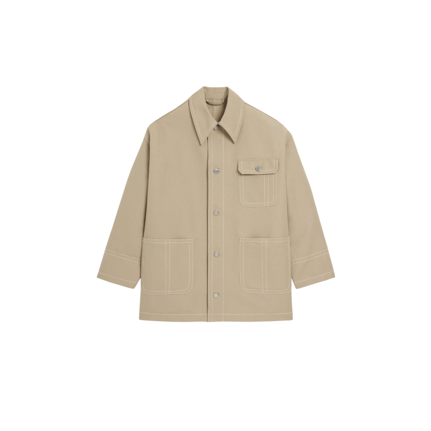 AMI Paris Veste worker oversize gabardine coton beige multi poches plaquées