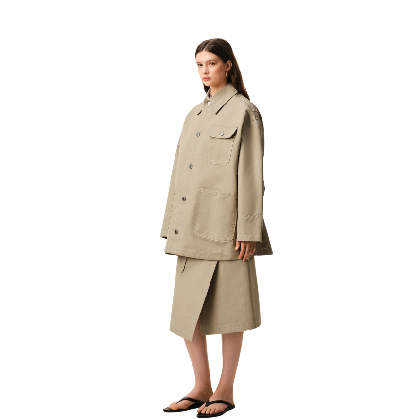 AMI Paris Veste worker oversize gabardine coton beige multi poches plaquées