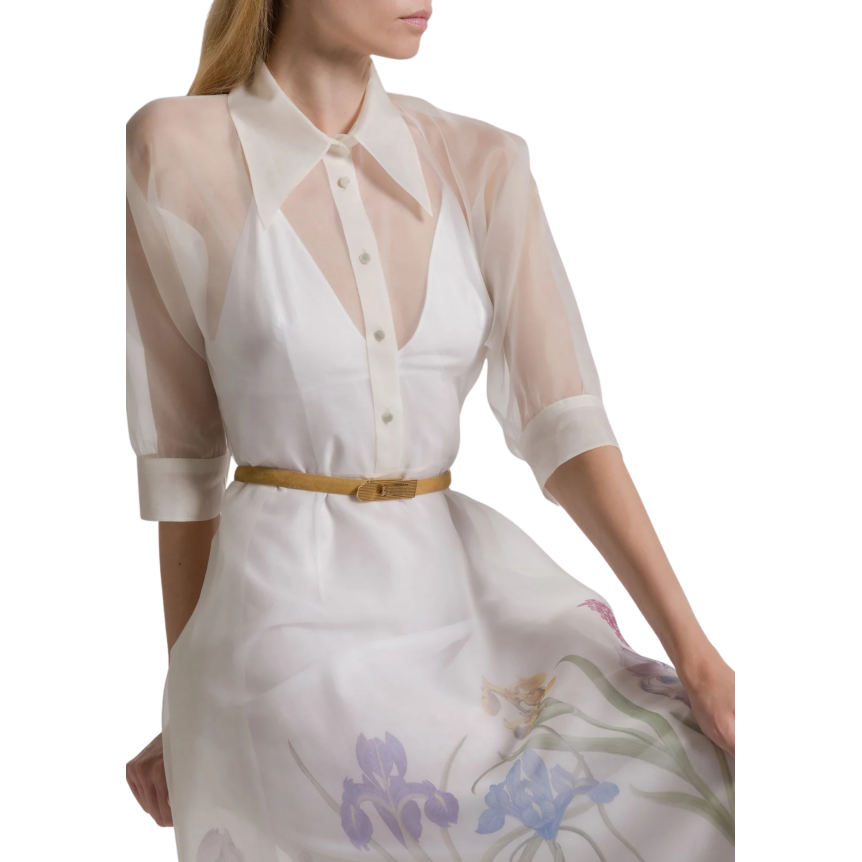 Robe chemise ALBERTA FERRETTI en organza de soie blanc imprimé Iris