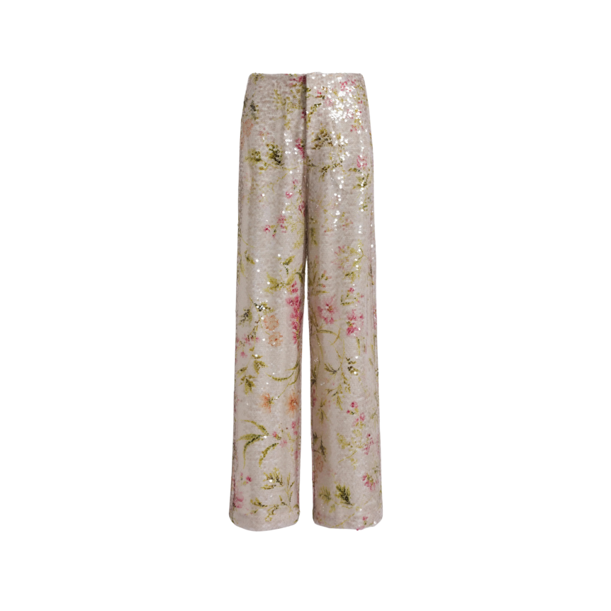 ALBERTA FERRETTI Pantalon droit fleurs paillettes sequins multicolores