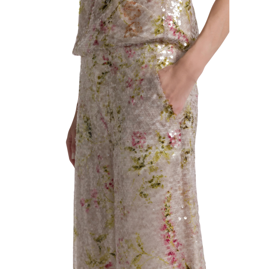 ALBERTA FERRETTI Pantalon droit fleurs paillettes sequins multicolores