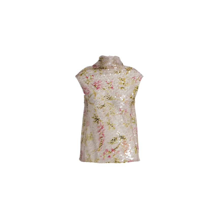 Top sans manche ALBERTA FERRETTI col montant fleurs paillettes sequins multicolores